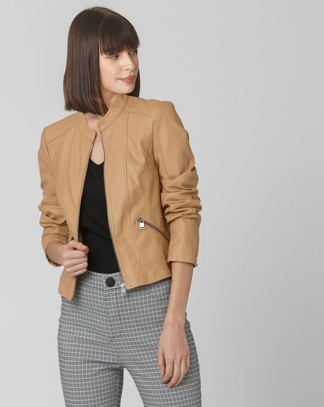 Buy Women Tan Faux Leather Biker Jacket online | VeroModa