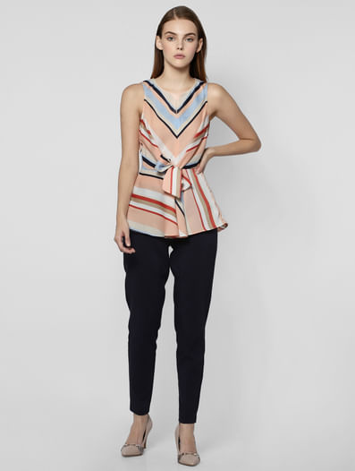 Pink Colourblocked Striped Front Tie Top
