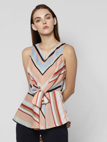 Pink Colourblocked Striped Front Tie Top