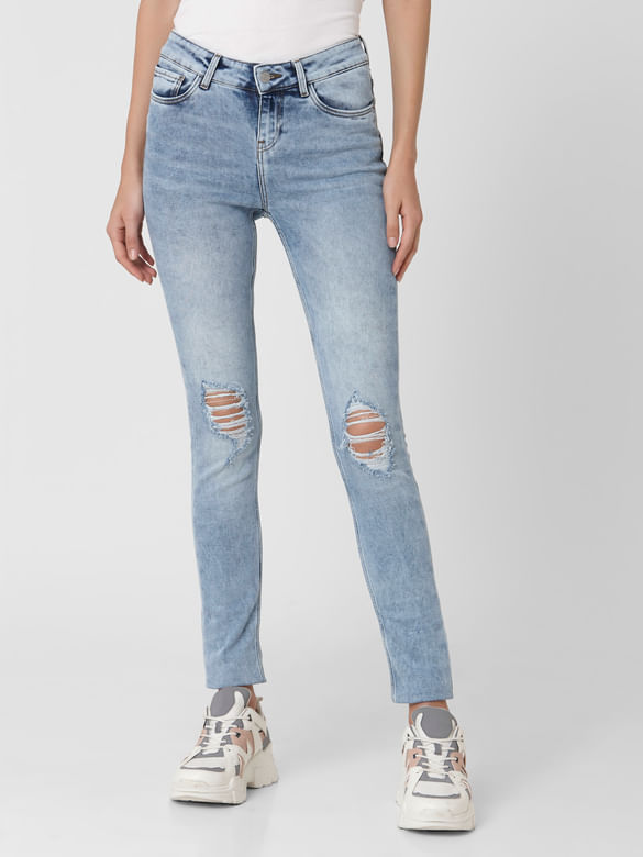 Light Blue Mid Rise Ripped Skinny Jeans