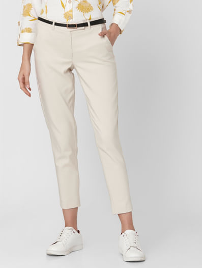 Beige Mid Rise Slim Fit Formal Trousers