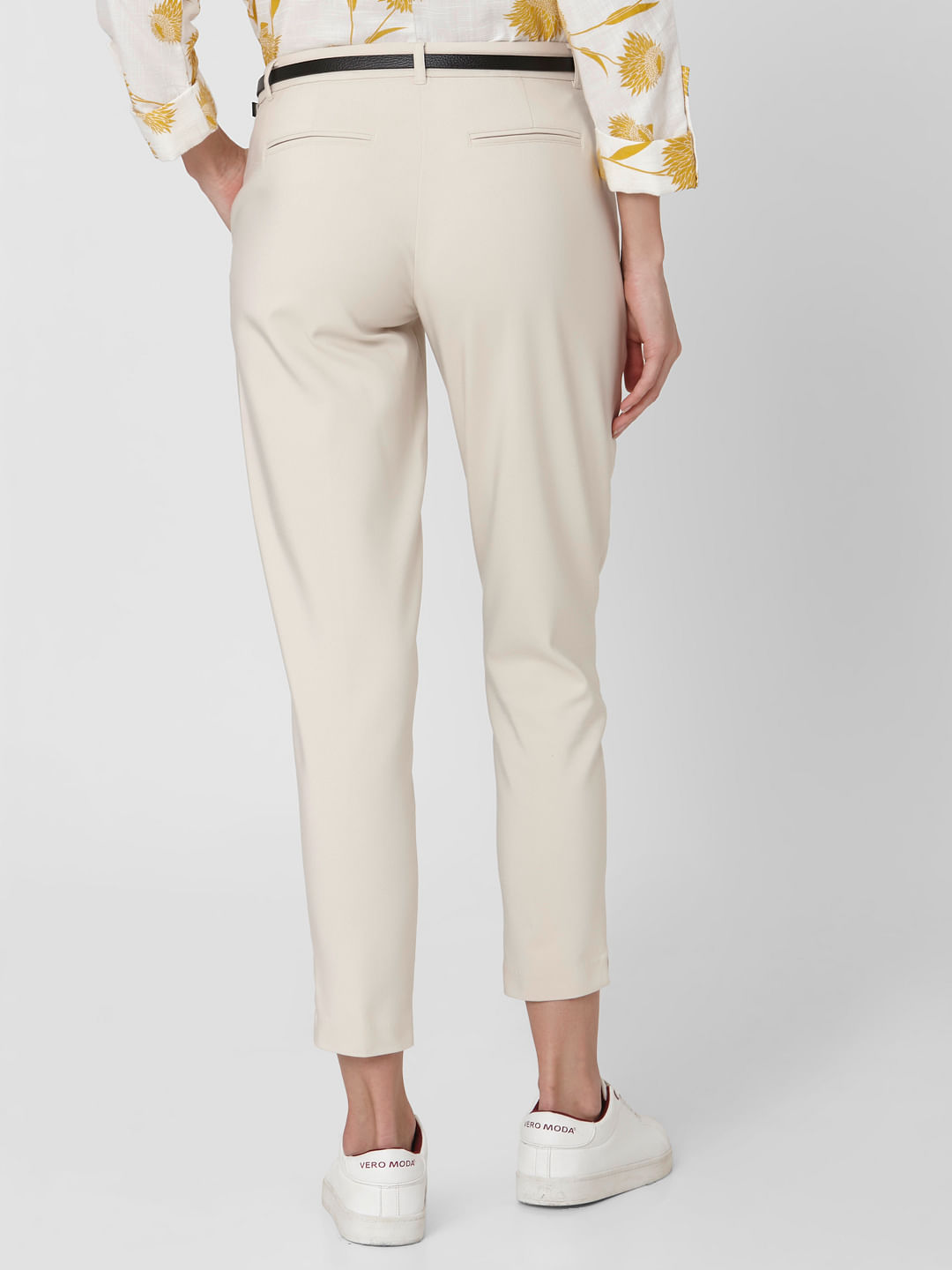 Beige High Rise Straight Fit Pants
