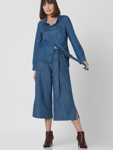 Blue High Rise Front Tie Culottes 