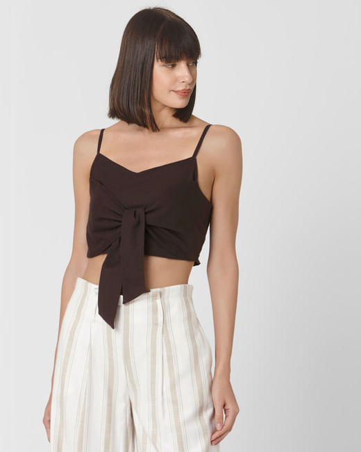 Brown Front Knot Detail Crop Top