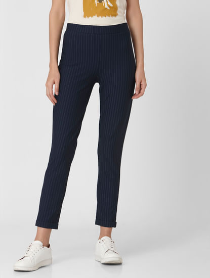 Navy Blue Mid Rise Striped Treggings