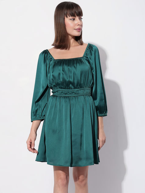 Dark Green Satin Fit & Flare Dress