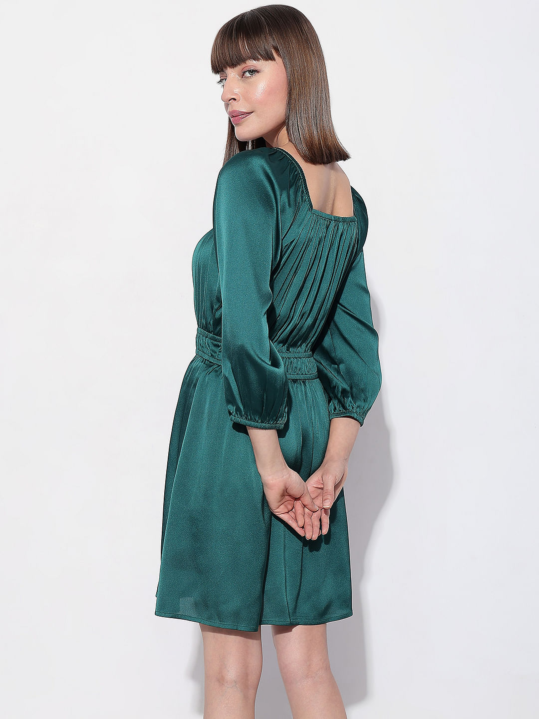 Dark green fit and flare clearance dress