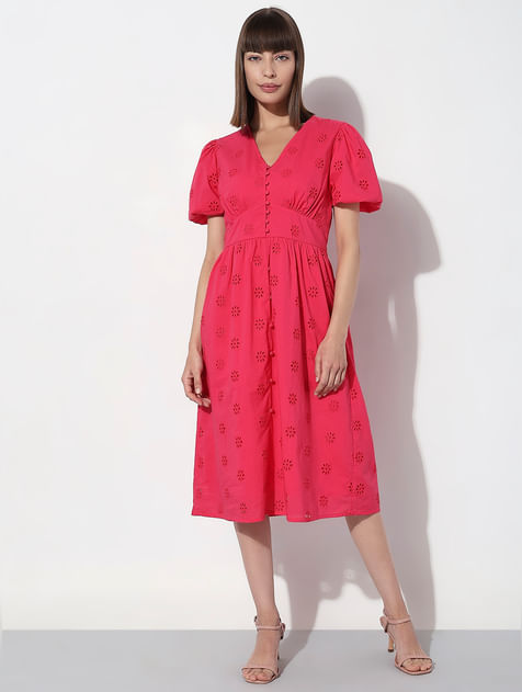 Dark Pink Floral Schiffli Print Dress
