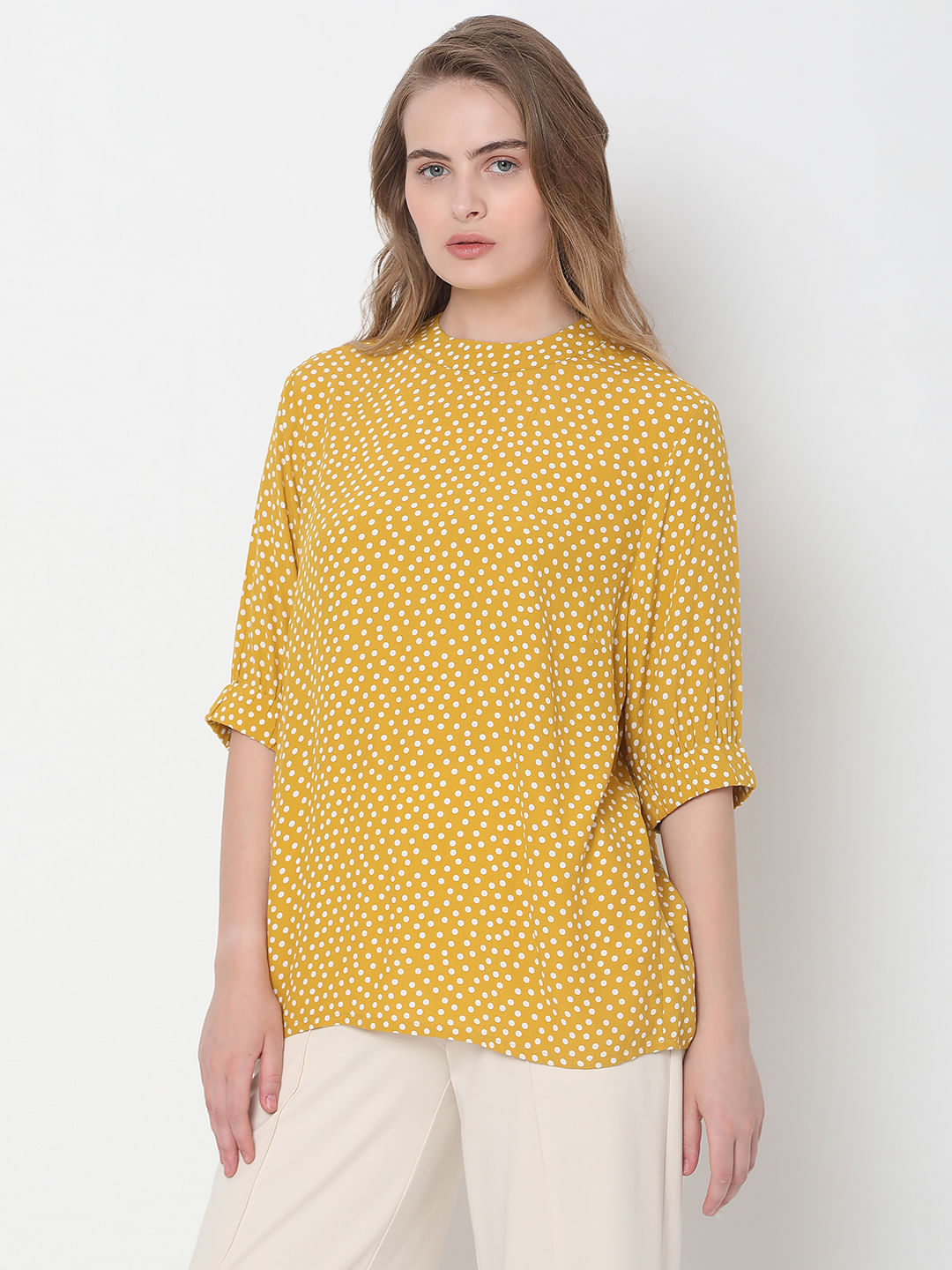 Mustard yellow store polka dot top