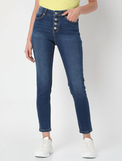 Blue Mid Rise Front Button Flap Skinny Jeans
