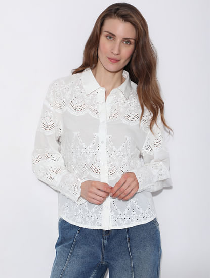 White Schiffli Embroidered Shirt