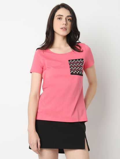 Pink Embroidered Pocket T-shirt