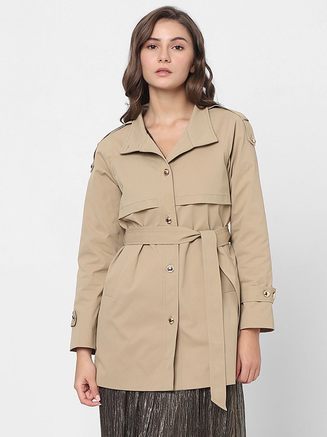 Beige belted hot sale coat womens