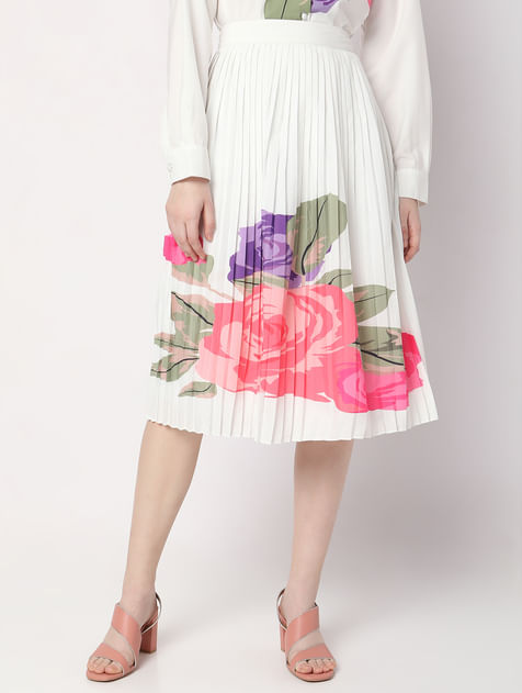 White Floral Pleated Midi Co-ord Set Skirt
