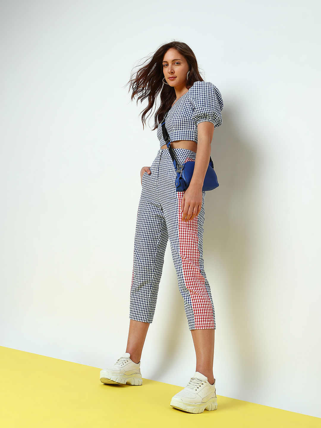 Wave Grid Line Elastic Trousers | Plaid Pants For Women – Baci Fashion