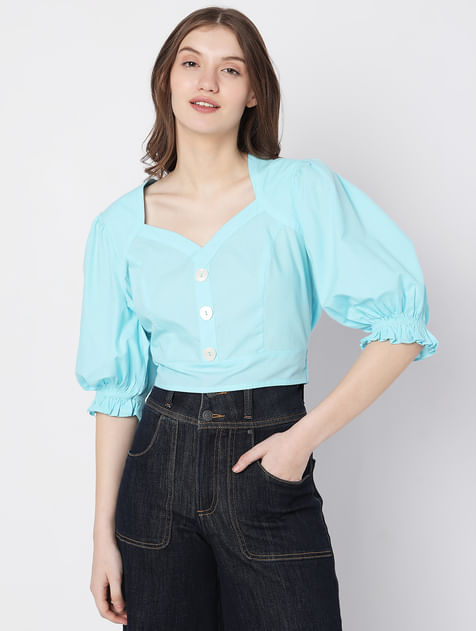 Blue Puff Sleeves Cropped Top