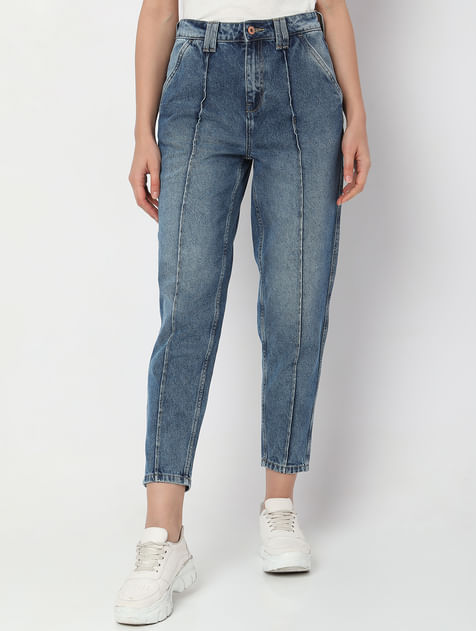 Blue High Rise Panelled Jade Straight Fit Jeans