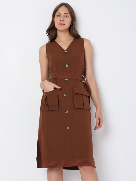 Brown V-Neck Midi Dress