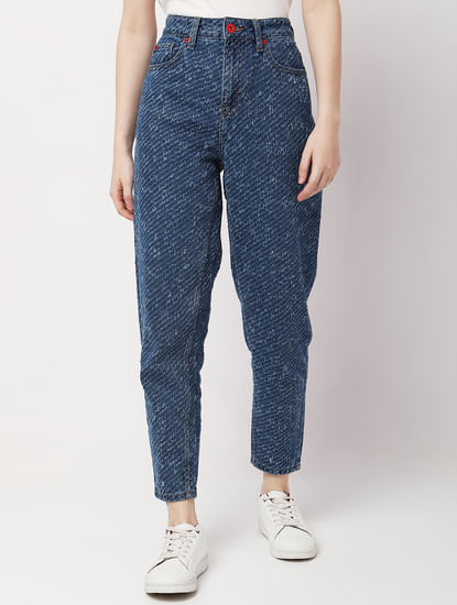 Blue High Rise Textured Straight Fit Jeans