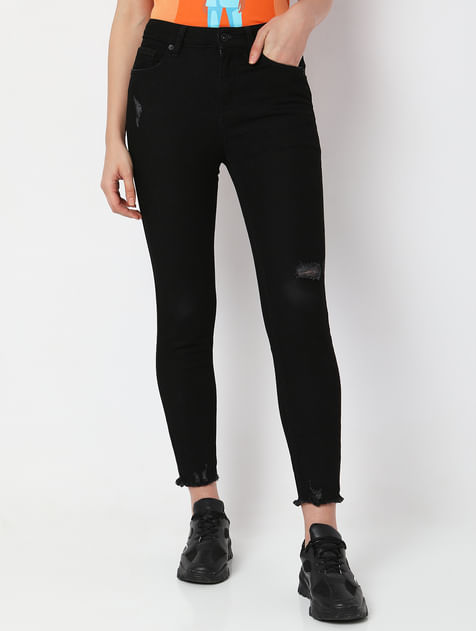 Black High Rise Distressed Jade Straight Fit Jeans