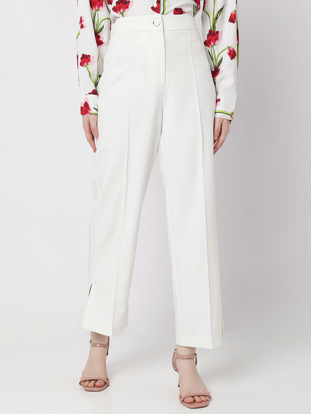 White High Waisted Wide Leg Trousers  Trousers  PrettyLittleThing