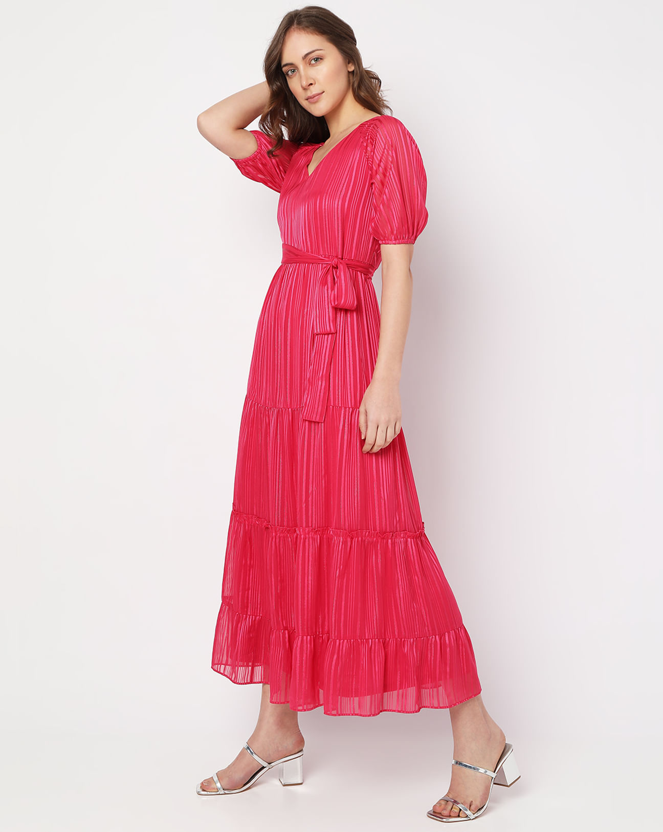 Pink Striped Tiered Maxi Dress
