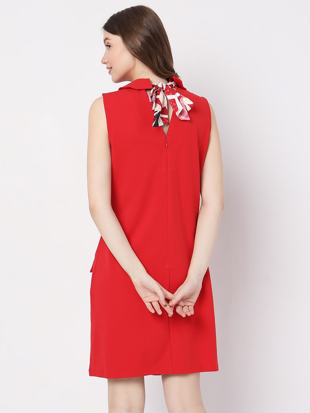 Red High Neck Shift Dress|286925401-Savvy-Red