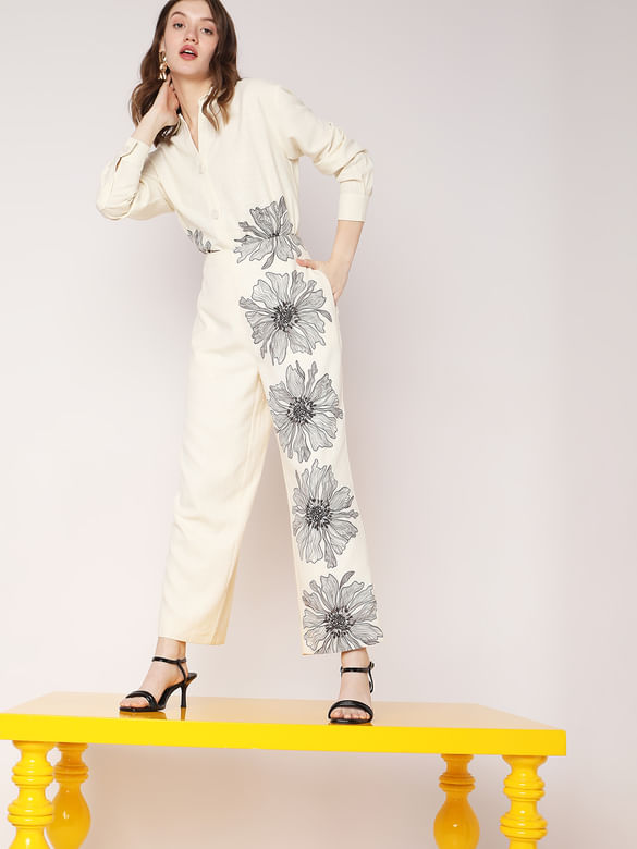 Beige High Rise Floral Co-ord Pants