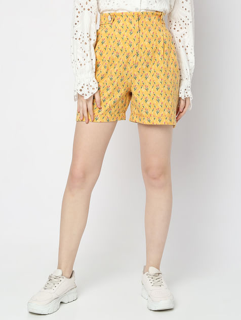 Mustard High Rise Floral Co-ord Shorts