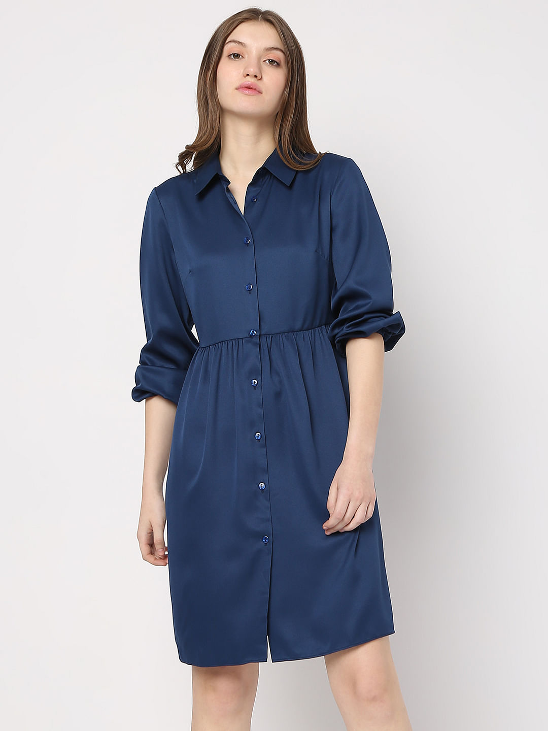 Nuon by Westside Solid Black Button Down Denim Dress