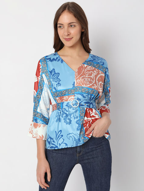 Blue Printed Cinched Waist Top