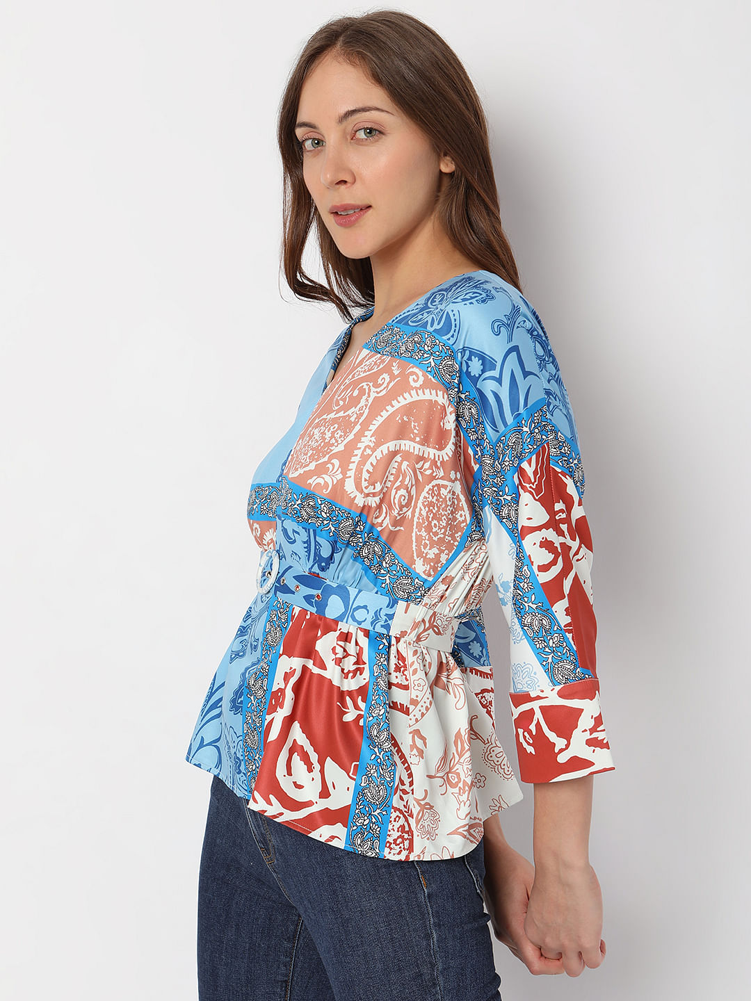 Buy Blue Printed Cinched Waist Top For Women Online in India 