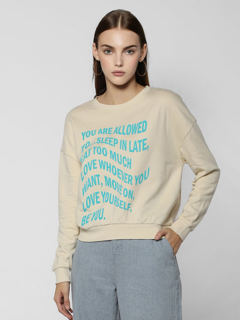 Beige Slogan Print Hooded Sweatshirt
