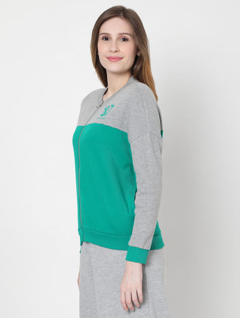 Green Colourblocked Zip-Up Sweatshirt