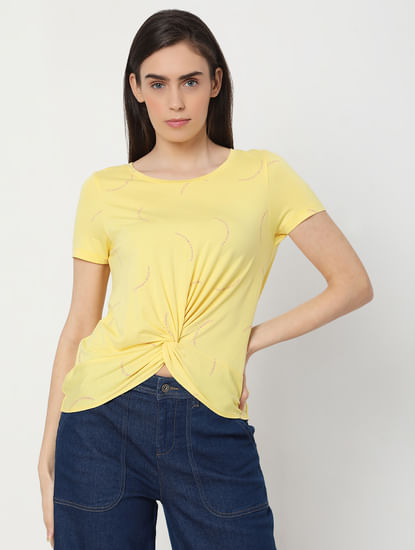 Yellow Printed Front Knot Top
