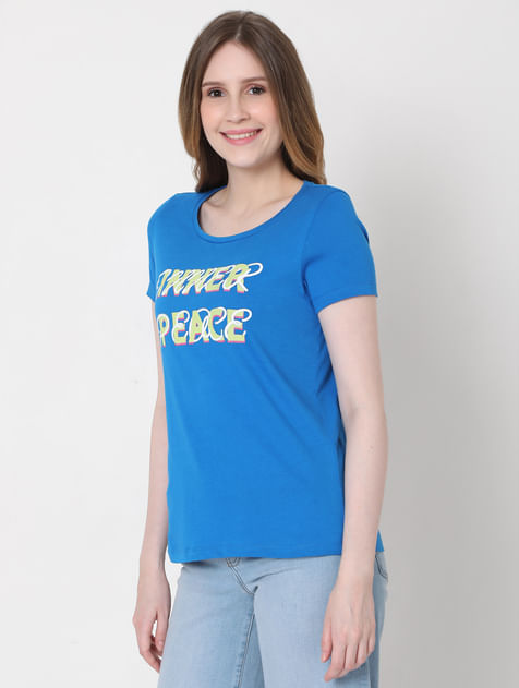 Blue Text Print T-shirt
