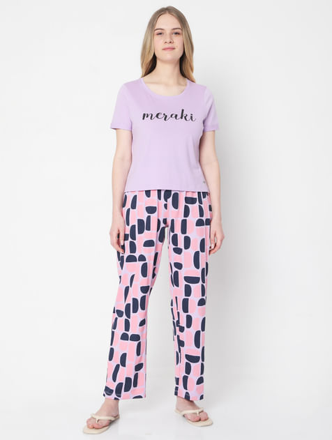 Purple Printed T-shirt & Pyjama Night Suit-Set