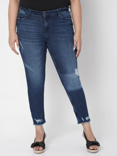 Curve Blue Mid Rise Distressed Jeans