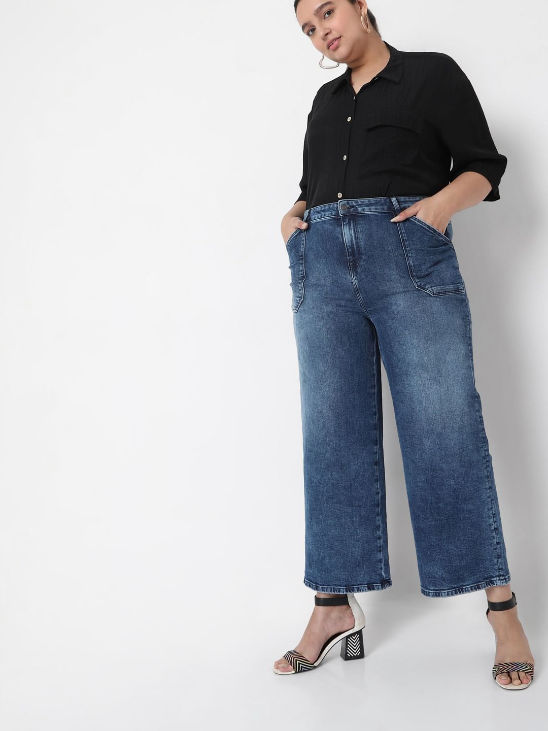 Buy Curve Blue Mid Rise Wide Leg Jeans For Women Online in India