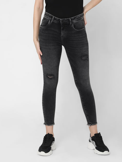 Grey High Rise Frayed Skinny Jeans