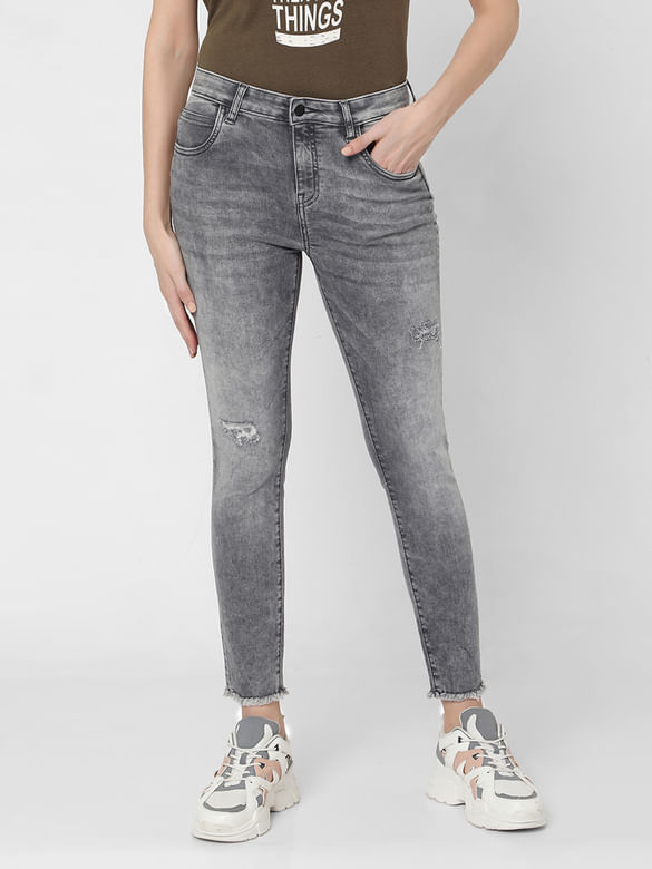 Grey High Rise Frayed Wendy Skinny Jeans