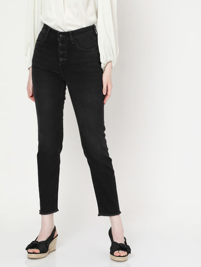 Grey High Rise Buttoned Regular Fit Jeans