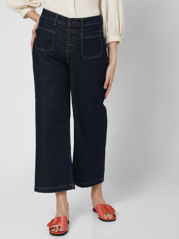 Blue High Rise Buttoned Zoey Wide-Leg Jeans