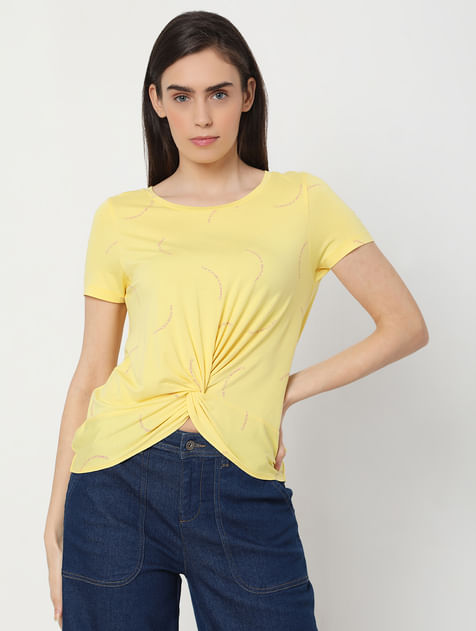 Yellow Front Knot Printed T-shirt