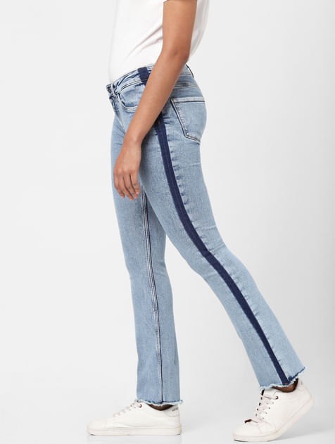 Blue Mid Rise Tape Detail Bootcut Jeans