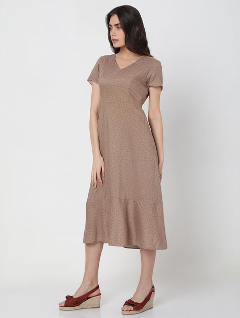 Brown Printed Midi Dress