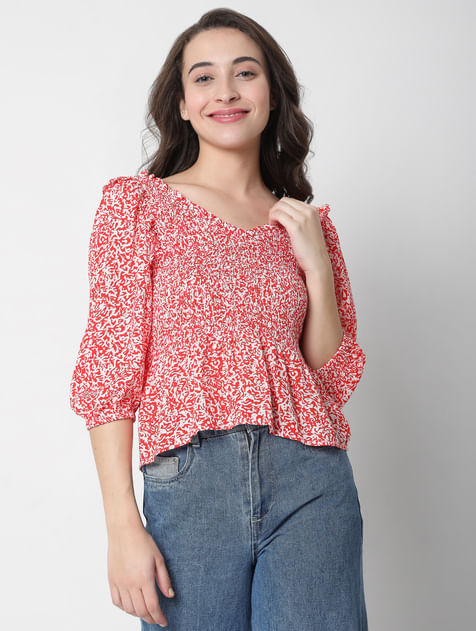 Red Printed Boat Neck Top
