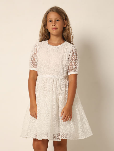 Girls White Floral Textured Dress