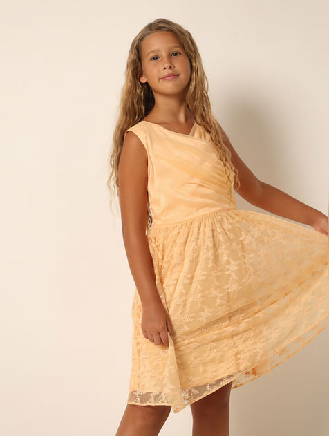 Girls Peach Fit & Flare Party Dress