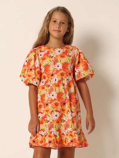 Girls Orange Floral Fit & Flare Dress